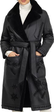 GORSKI Genuine Shearling Short Coat with Embroidery, Belt