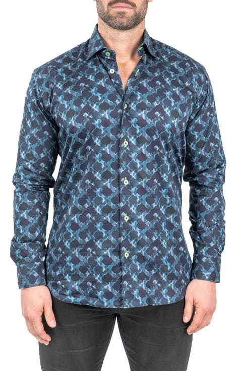 Fibonacci Watermarks Navy Contemporary Fit Button-Up Shirt