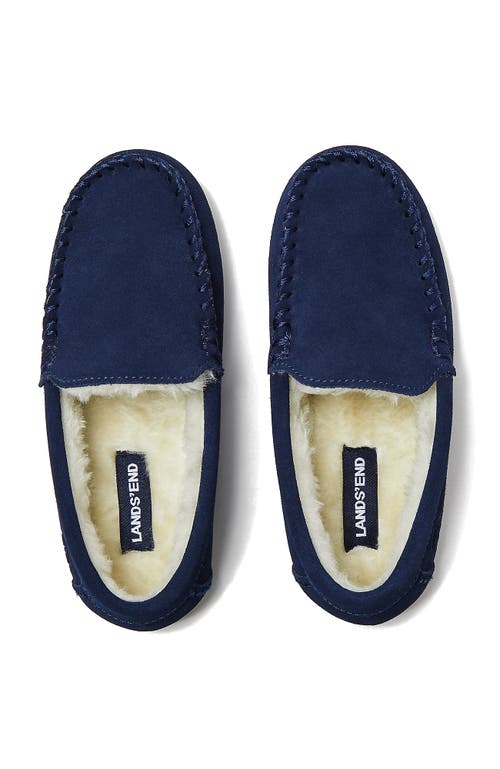 Lands' End Kids Fuzzy Lined Suede Moccasin Slippers In Radiant Navy Suede