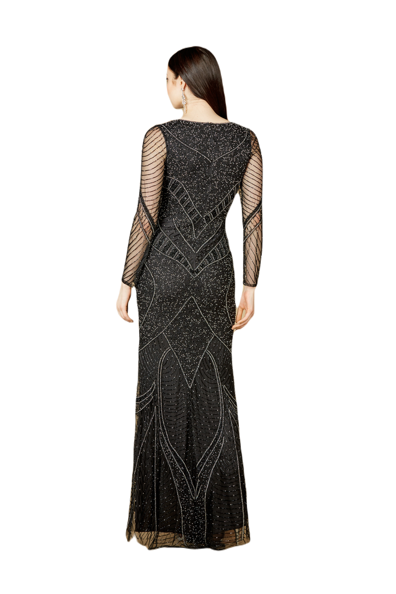 Long Sleeve Beaded Dresses with Sheer Sleeves, Alternate, color, Black