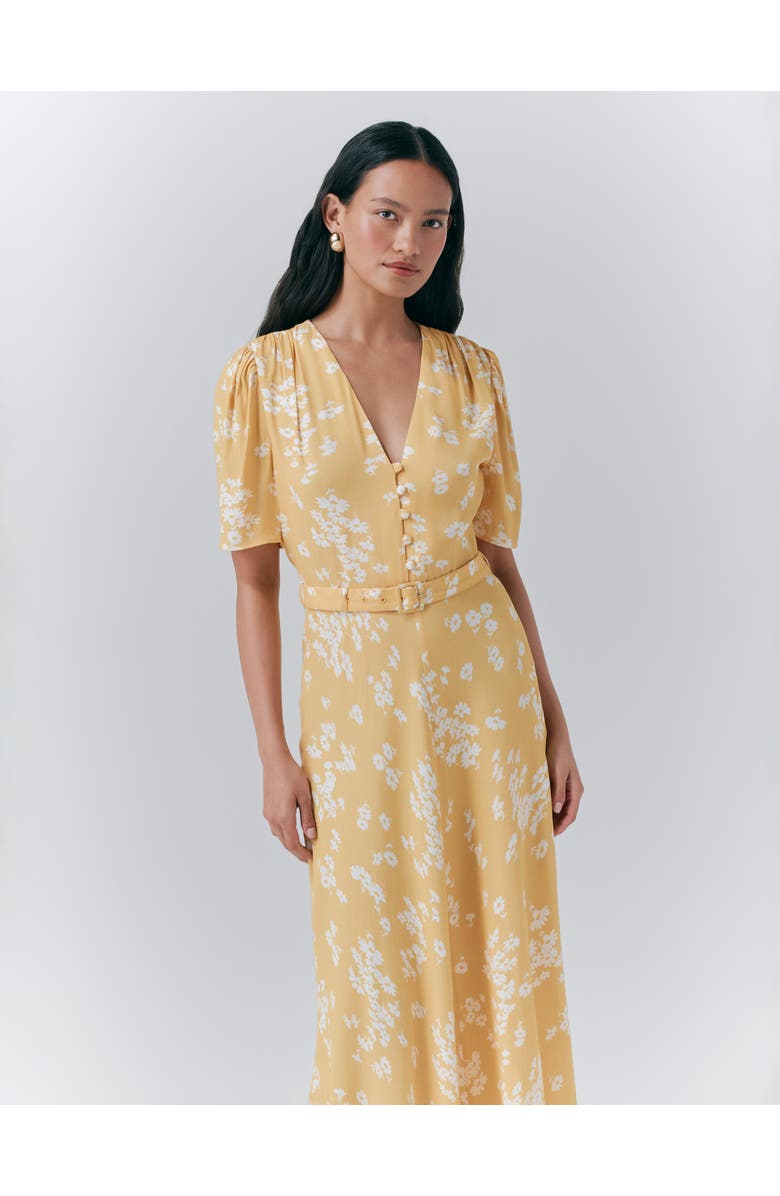 Ghost London Jemima Crepe Floral Belted Midi Dress, Alternate, color, Yellow Daisy Ray