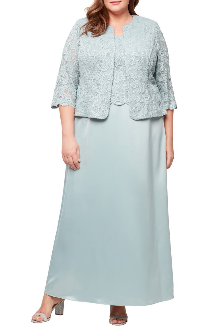 Embroidered Lace Mock Two-Piece Gown with Jacket, Main, color, ICE SAGE