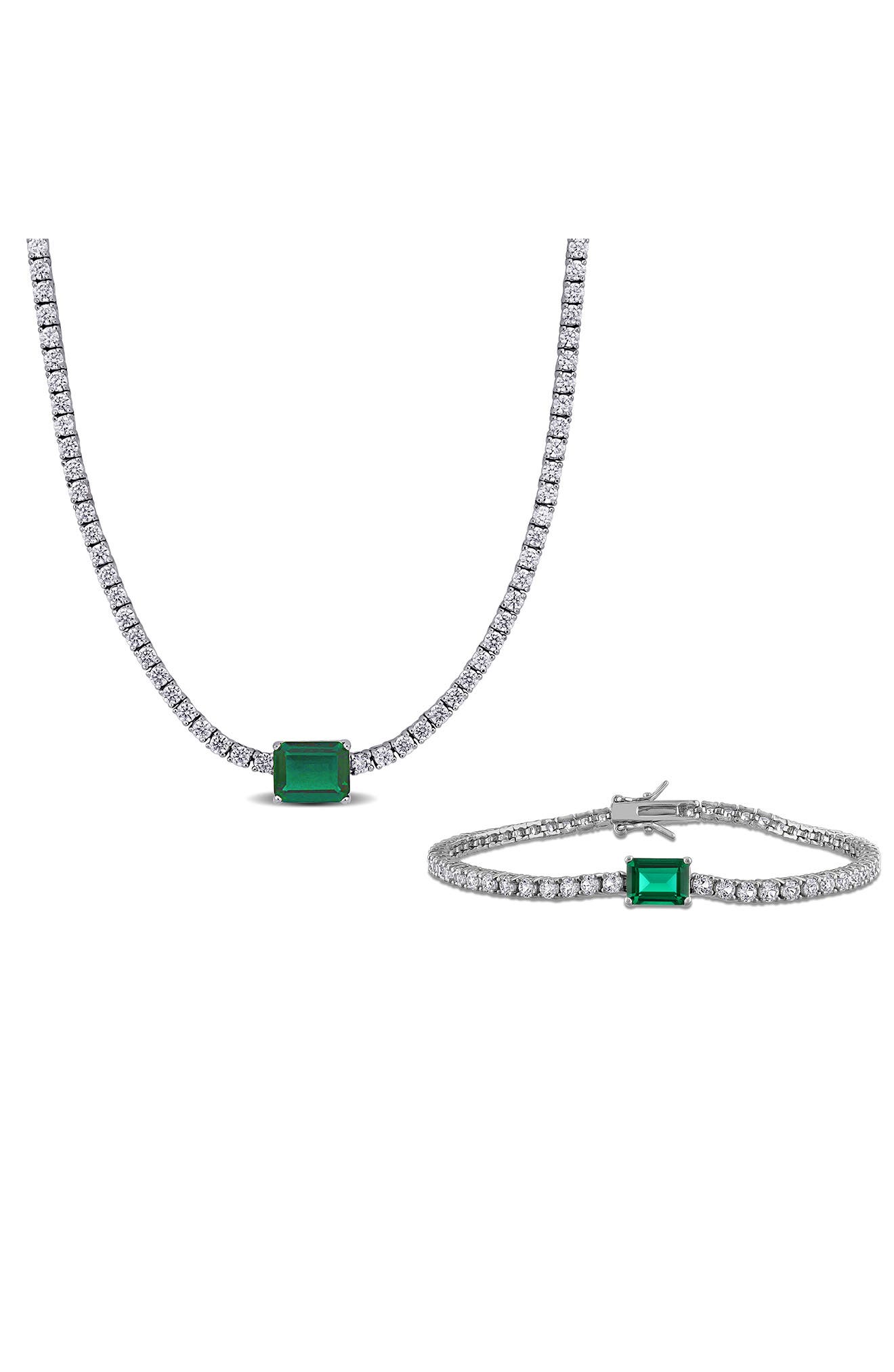 DELMAR Lab-Created White Sapphire & Lab-Created Emerald Tennis Necklace & Bracelet Set