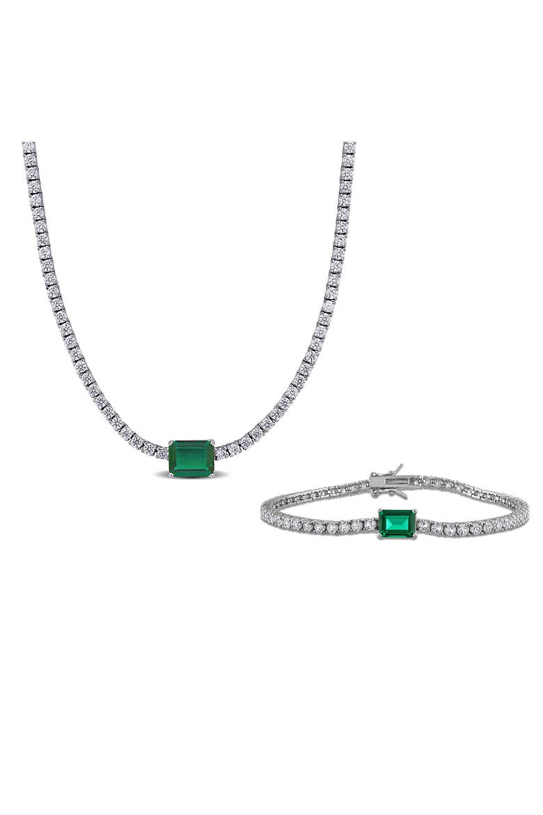 Lab-Created White Sapphire & Lab-Created Emerald Tennis Necklace & Bracelet Set, Main, color, GREEN