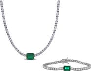 DELMAR Lab-Created White Sapphire & Lab-Created Emerald Tennis Necklace & Bracelet Set