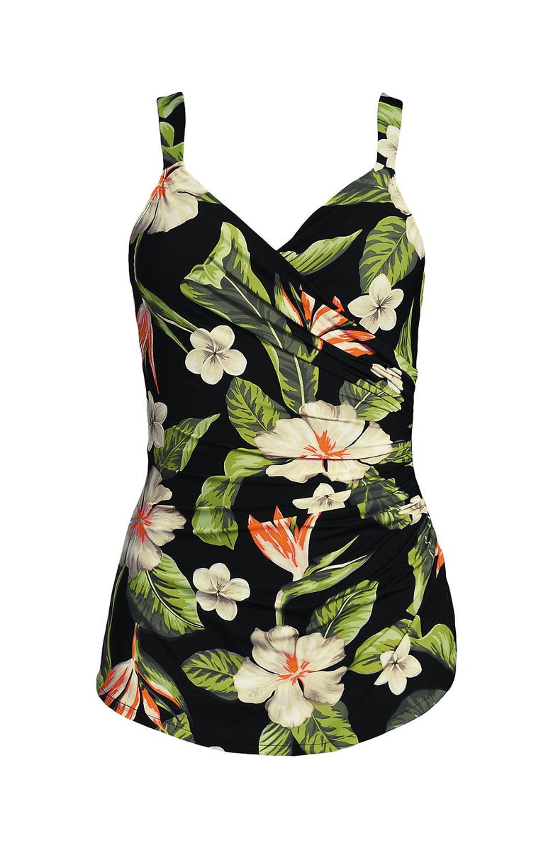 Lands' End SlenderSuit V-Neck Skirted Low Leg One Piece, Alternate, color, Hibiscus Floral/Black