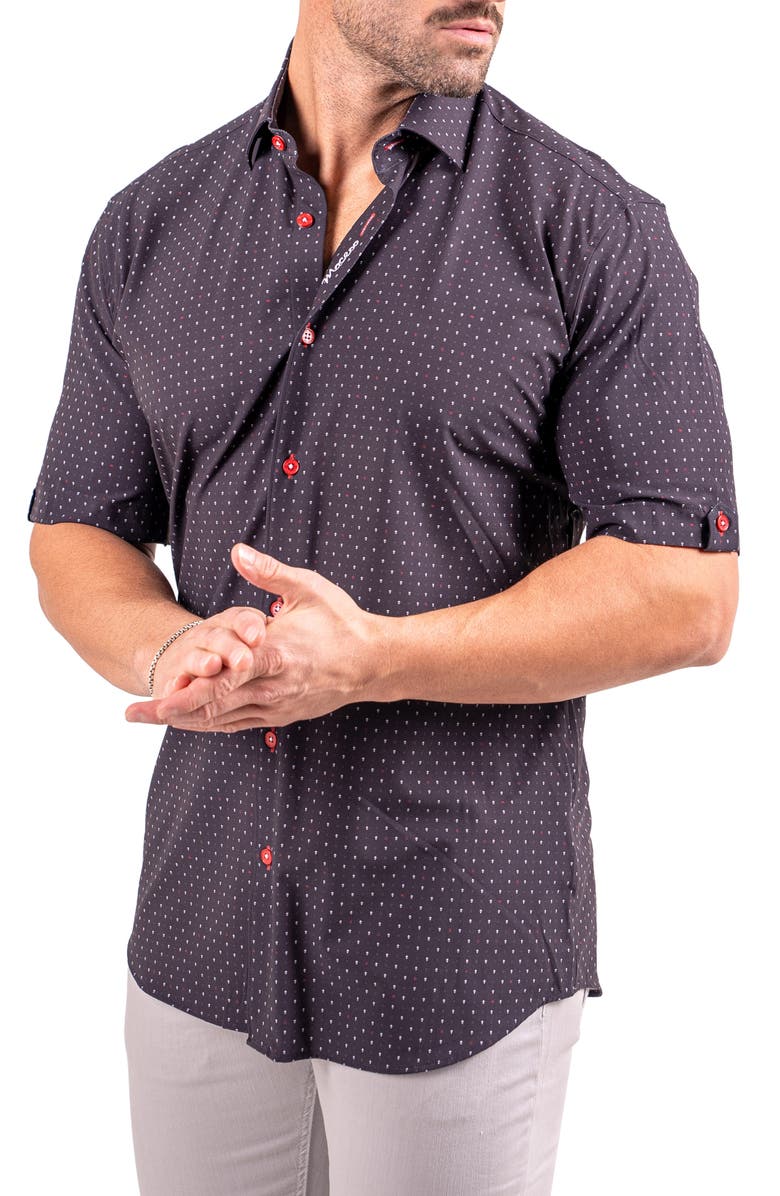 Maceoo Galileo Resistance Dot Print Short Sleeve Button-Up Shirt, Alternate, color, Black
