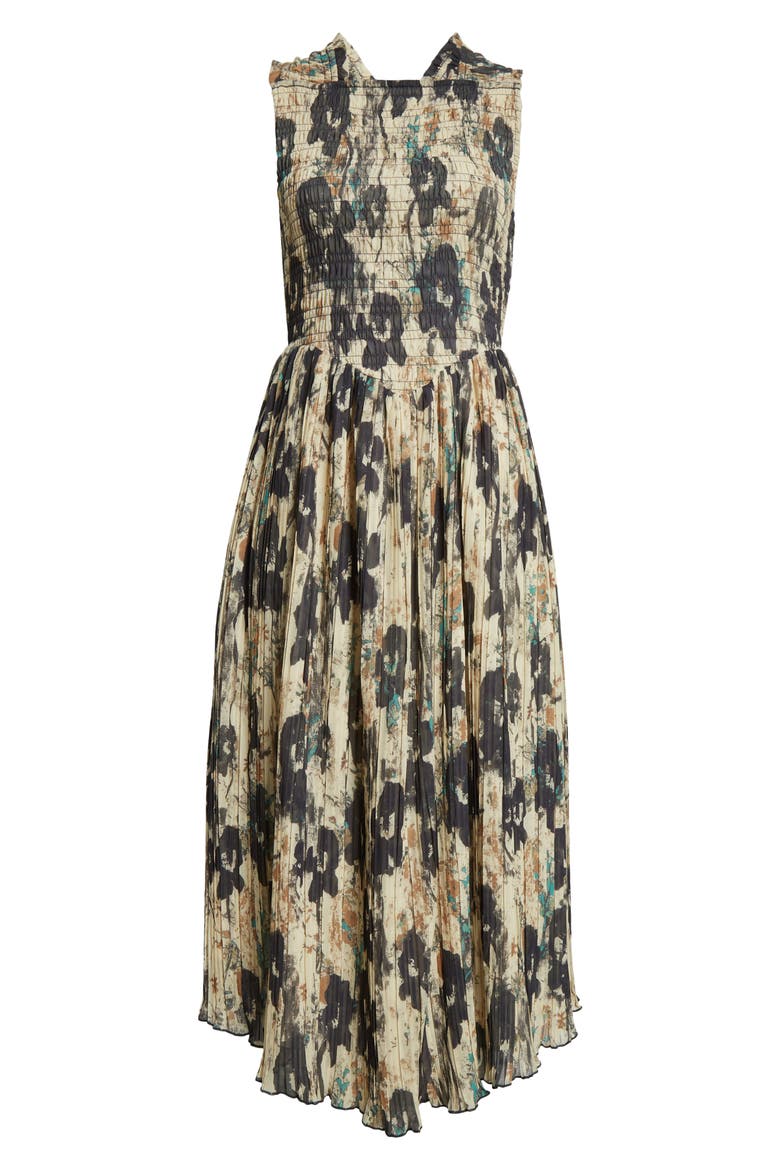 Floral Print Smocked & Pleated Midi Dress, Alternate, color, AFTERGLOW