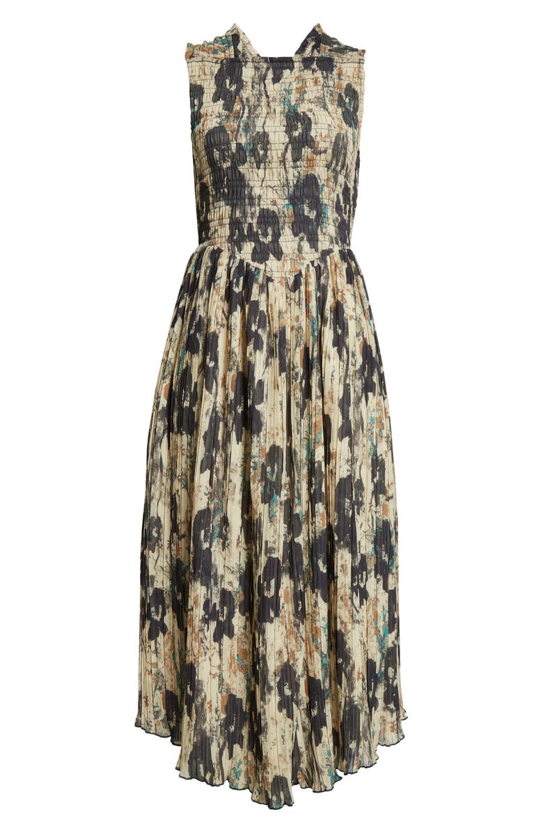 Ganni Floral Print Smocked & Pleated Midi Dress, Alternate, color, Afterglow