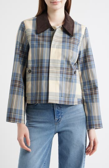 Frame The Short Plaid Cotton Blend Mac Coat In Navy Check