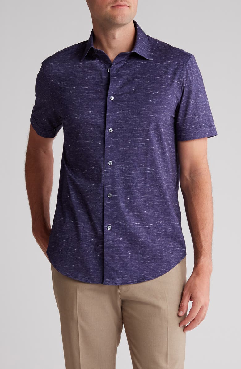 Bugatchi Miles OoohCotton<sup>®</sup> Heathered Short Sleeve Button-Up Shirt, Main, color, Midnight