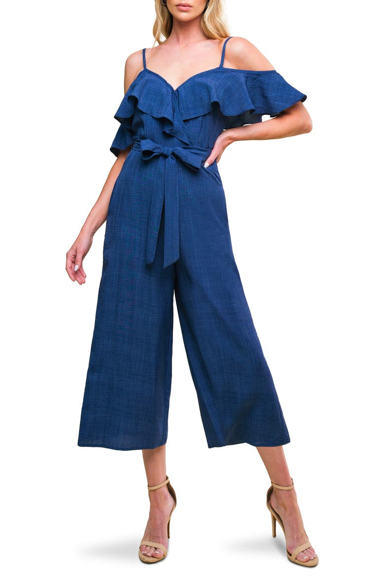 Cold Shoulder Crop Wide Leg Jumpsuit, Main, color, INDIGO