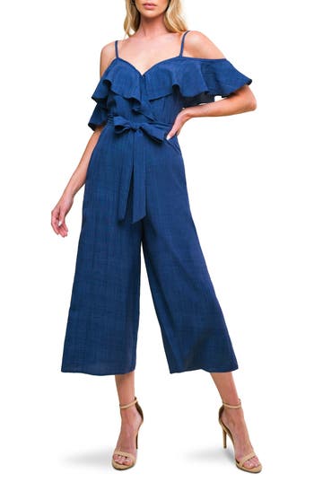 Flying Tomato Cold Shoulder Crop Wide Leg Jumpsuit In Blue