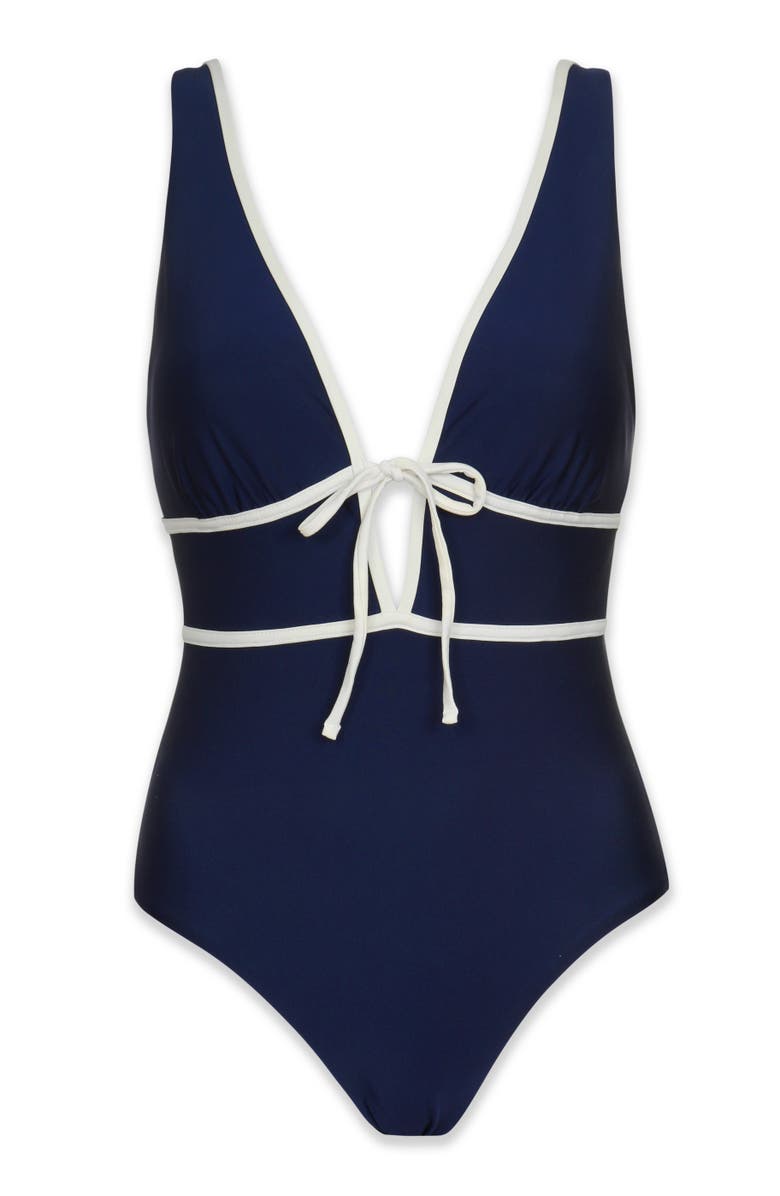 HELEN JON Plunge Front Tie One-Piece, Alternate, color, Navy Ivory