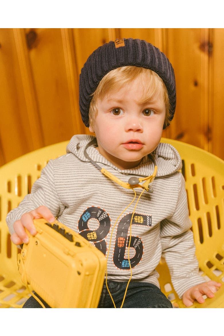 Baby Boy's Super Soft Hooded T-Shirt With Print Gray Stripe, Alternate, color, Stripe Grey Mix & Off White
