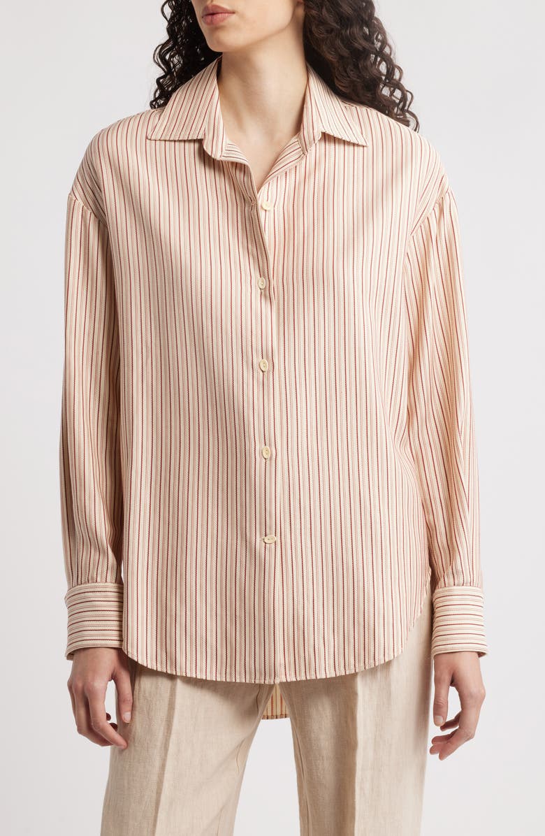 Faithfull the Brand En Vau Oversize Pinstripe Button-Up Shirt, Main, color, Pinstripe Garnet/ Blush