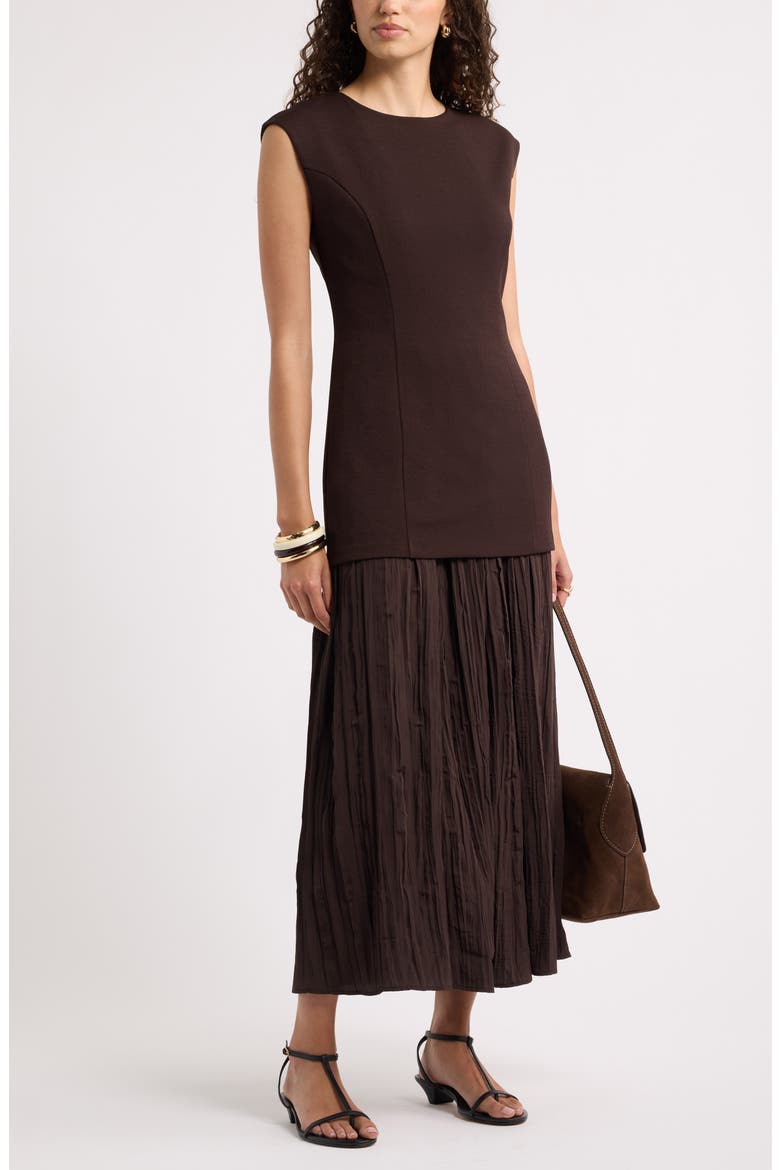 Mixed Media Pleated Dress, Main, color, BROWN MOLE