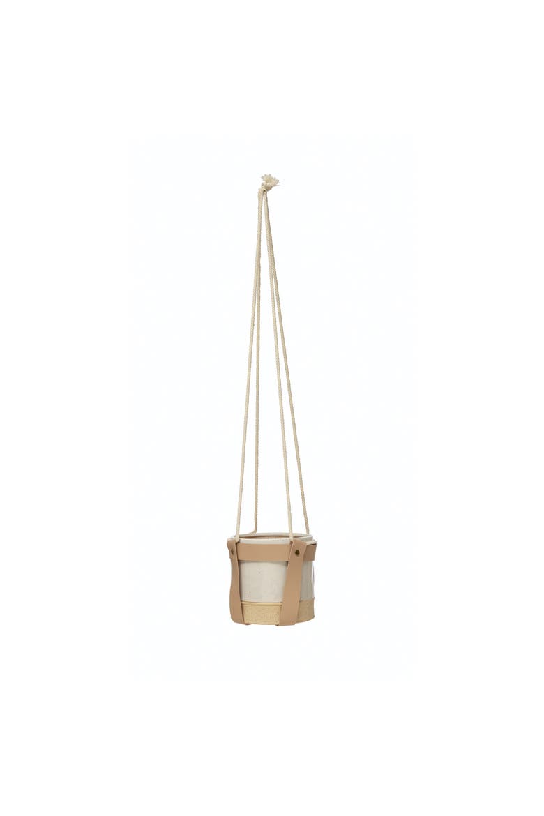 Hanging Stoneware Planter with Faux Leather Straps and Rope Hanger, Main, color, Natural