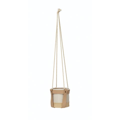 Hanging Stoneware Planter with Faux Leather Straps and Rope Hanger
