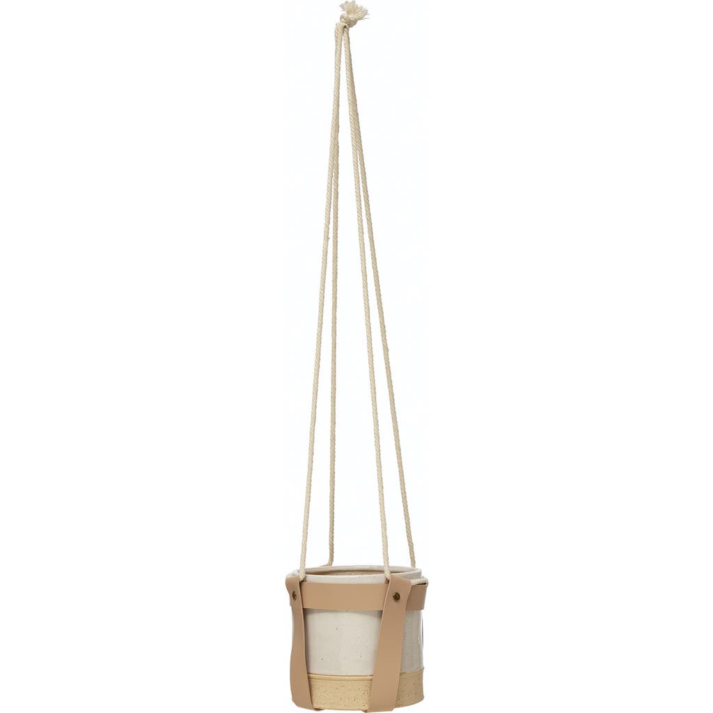 Storied Home Hanging Stoneware Planter With Faux Leather Straps And Rope Hanger In Brown