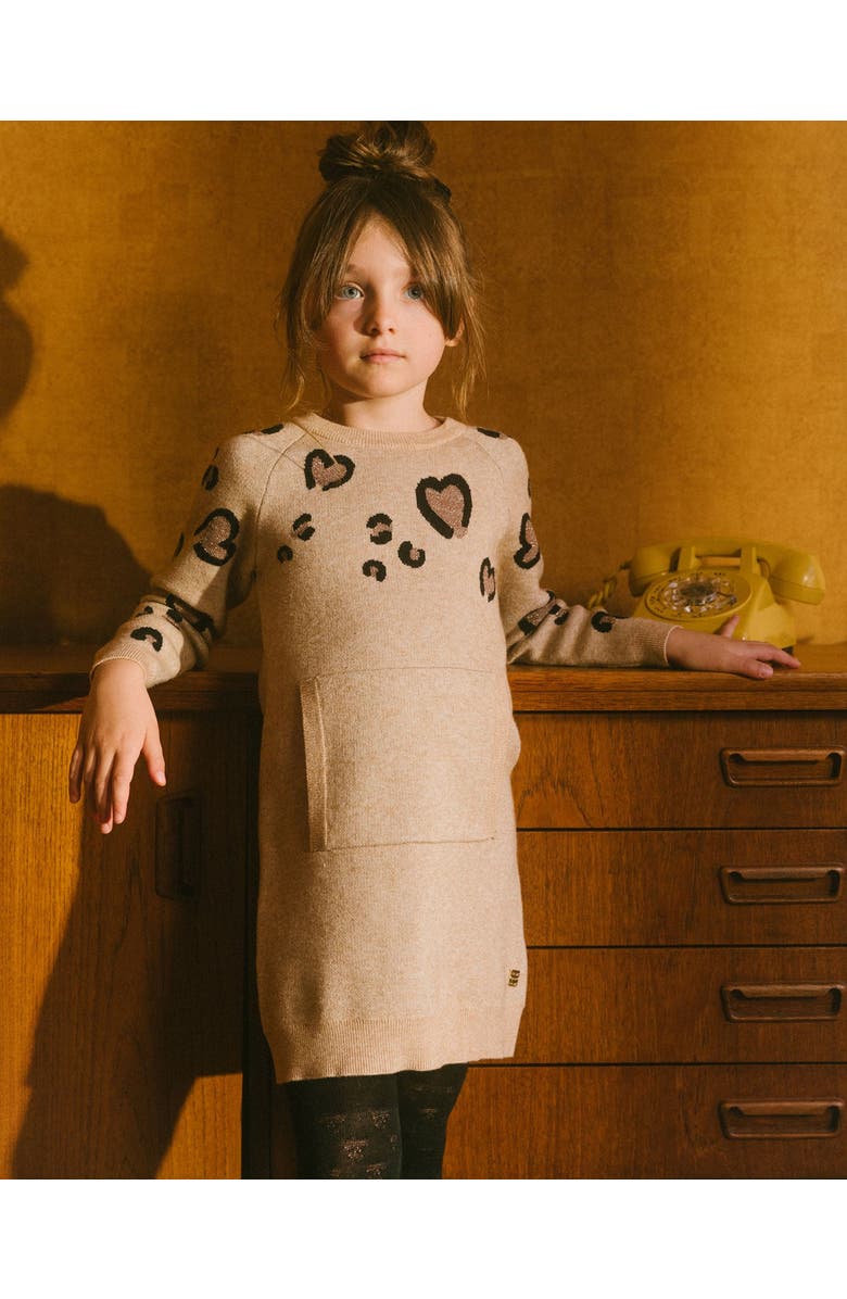 Deux par Deux Little Girl's Sweater Dress With Heart Jacquard Beige Mix, Alternate, color, 