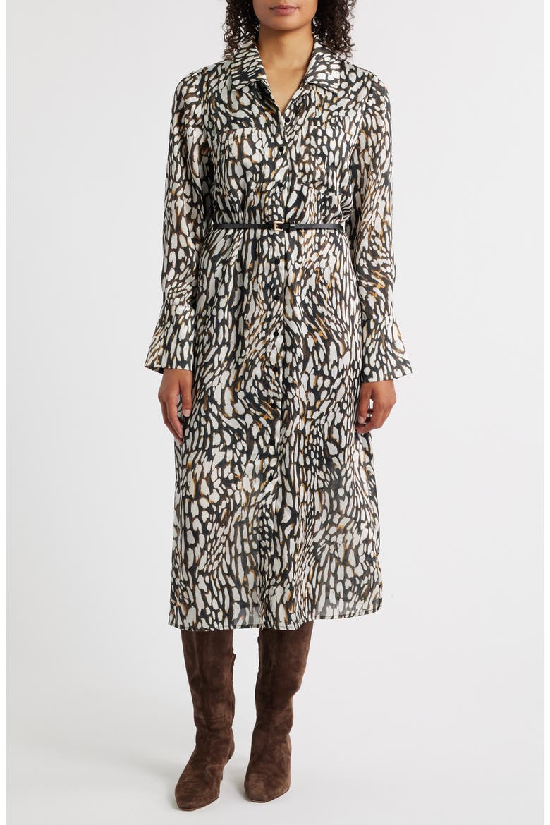 Print Long Sleeve Shirtdress, Main, color, BLACK/ BROWN