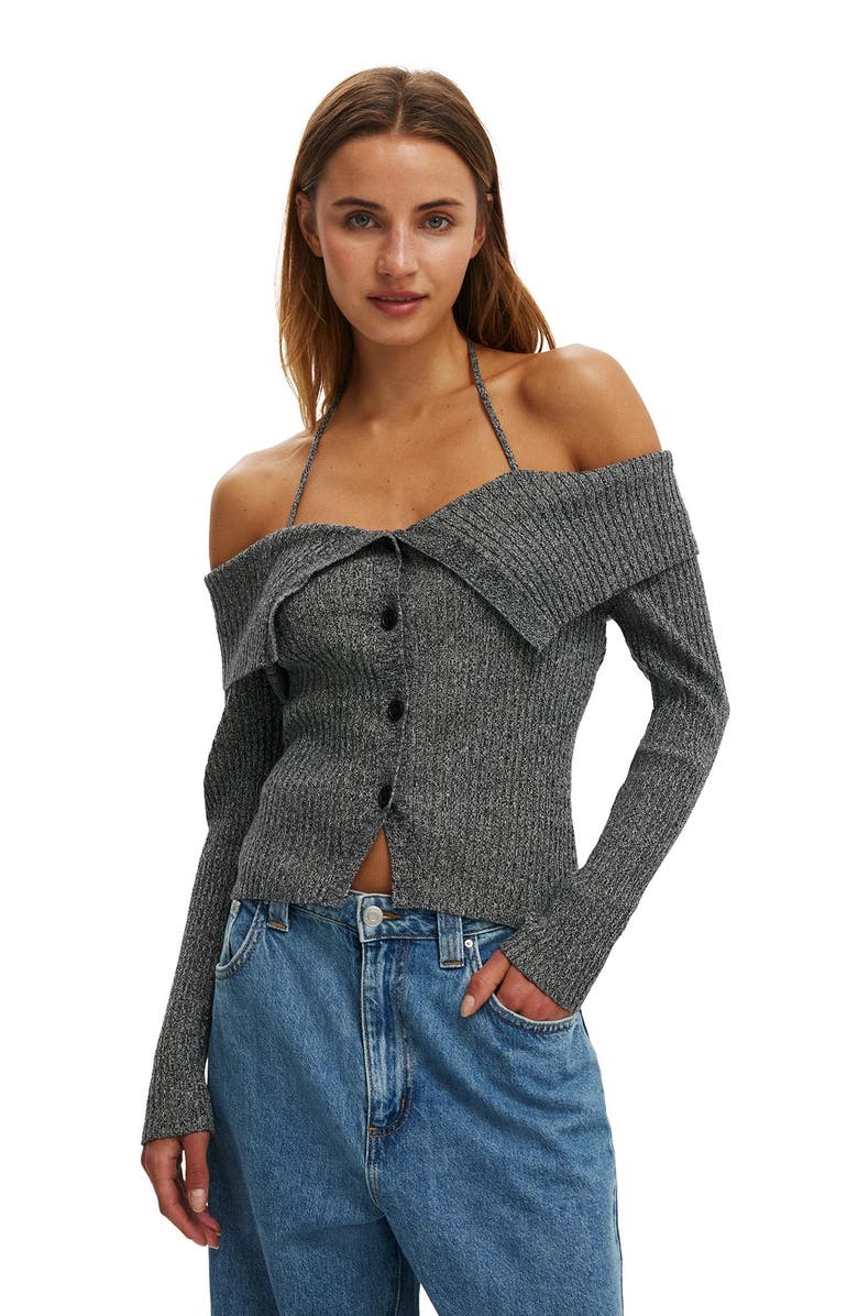 Cotton On Women's Button Down Off Shoulder Knit, Main, color, Black Twist