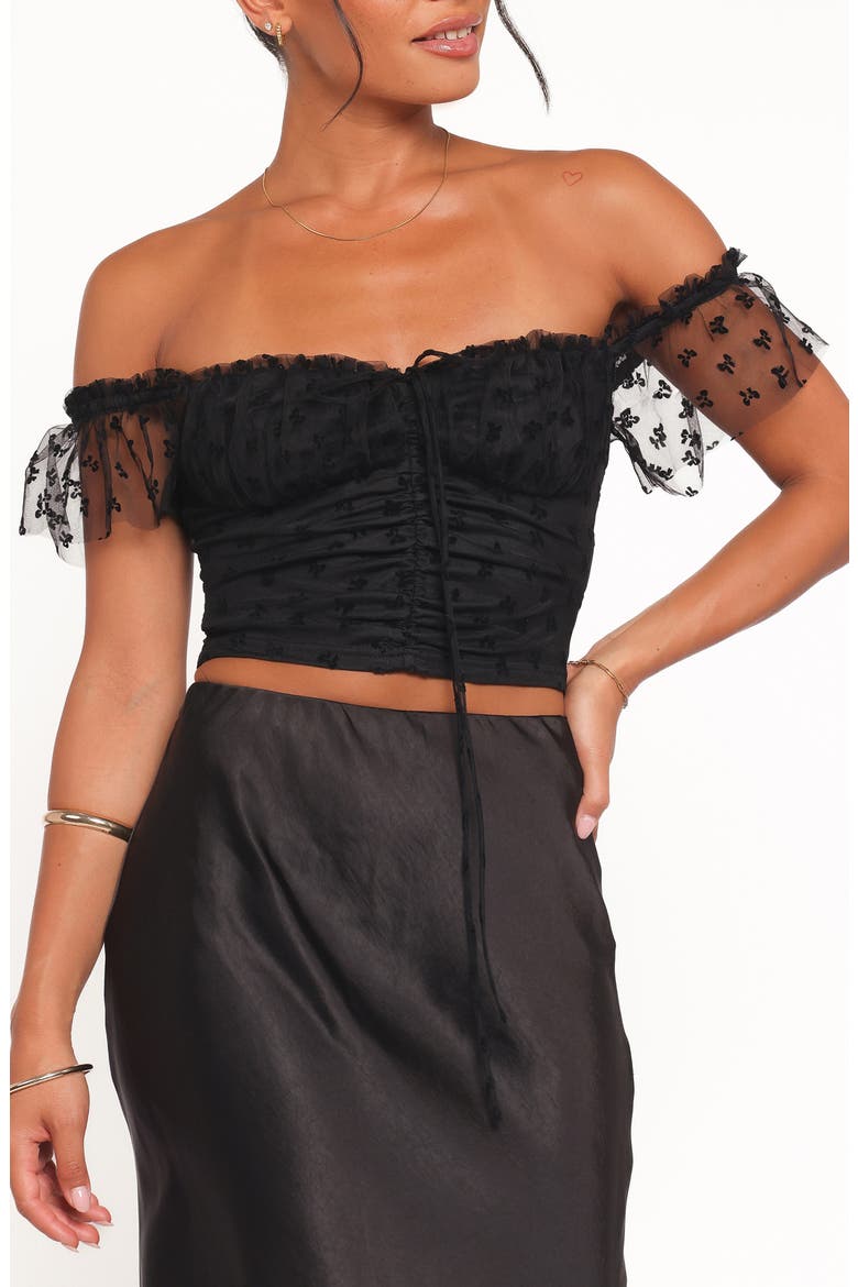 Aster Off the Shoulder Mesh Crop Top, Main, color, BLACK