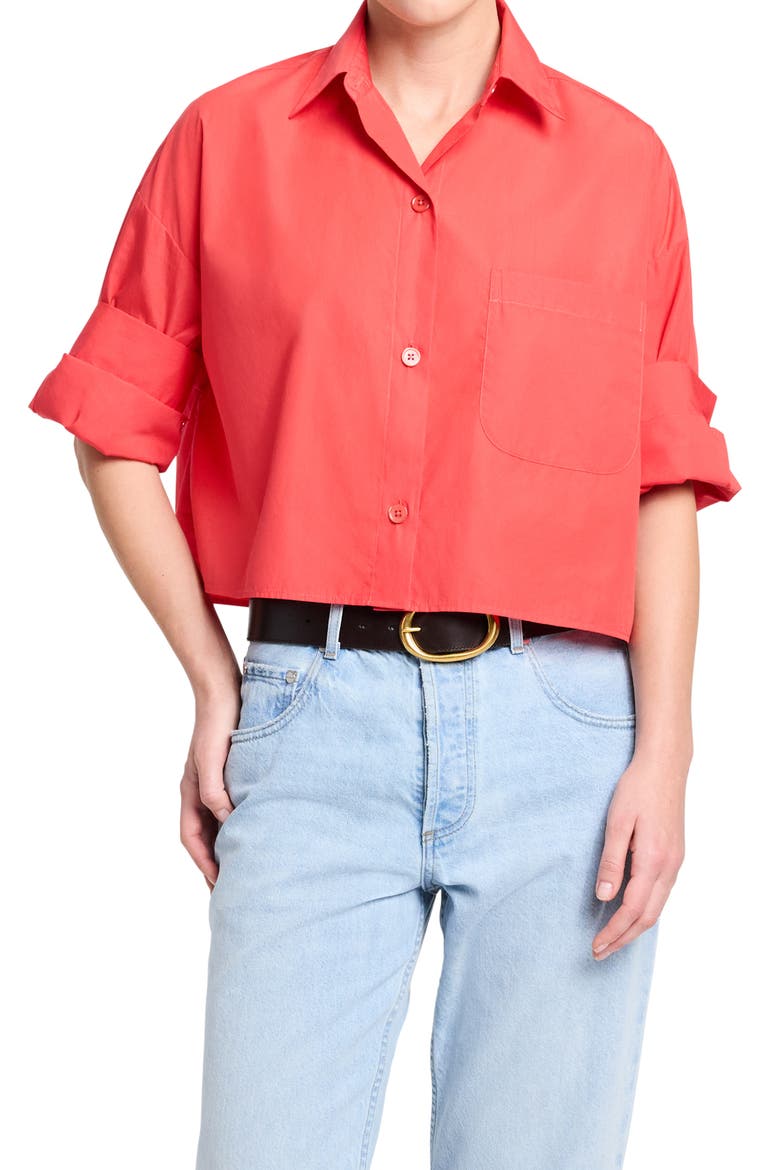 Next Crop Button-Up Shirt, Main, color, TOMATO