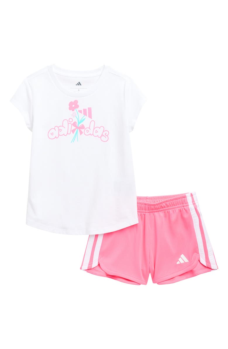 adidas Kids' Logo T-Shirt & 3-Stripes Shorts, Main, color, White/ Pink