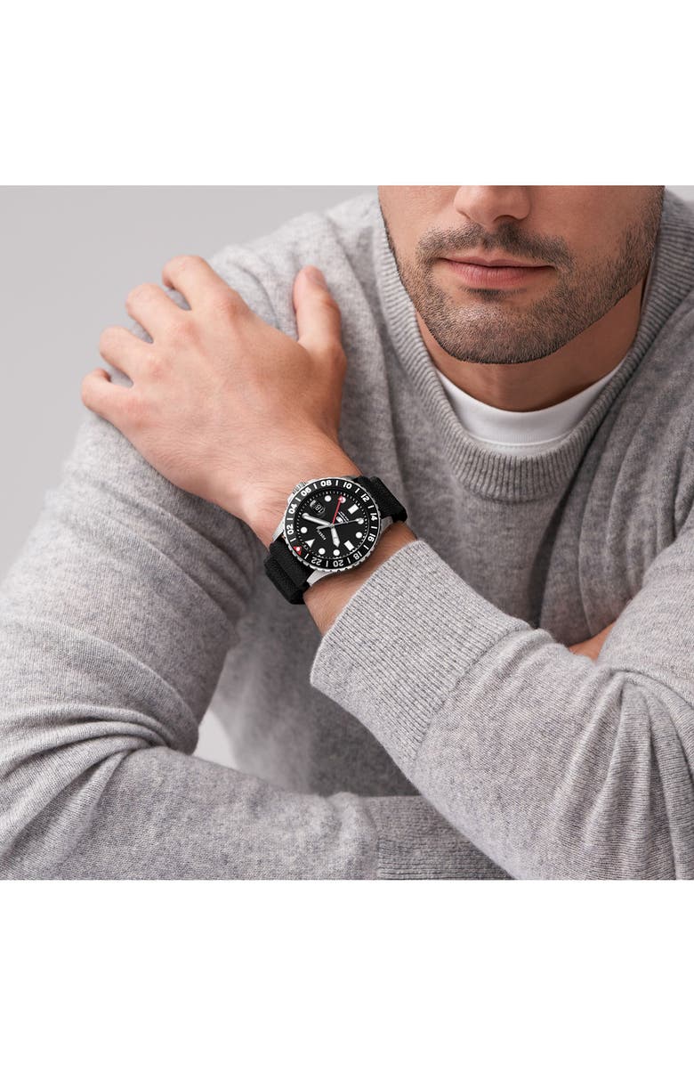Fossil Blue GMT Silicone Strap Watch, 46mm, Alternate, color, Black