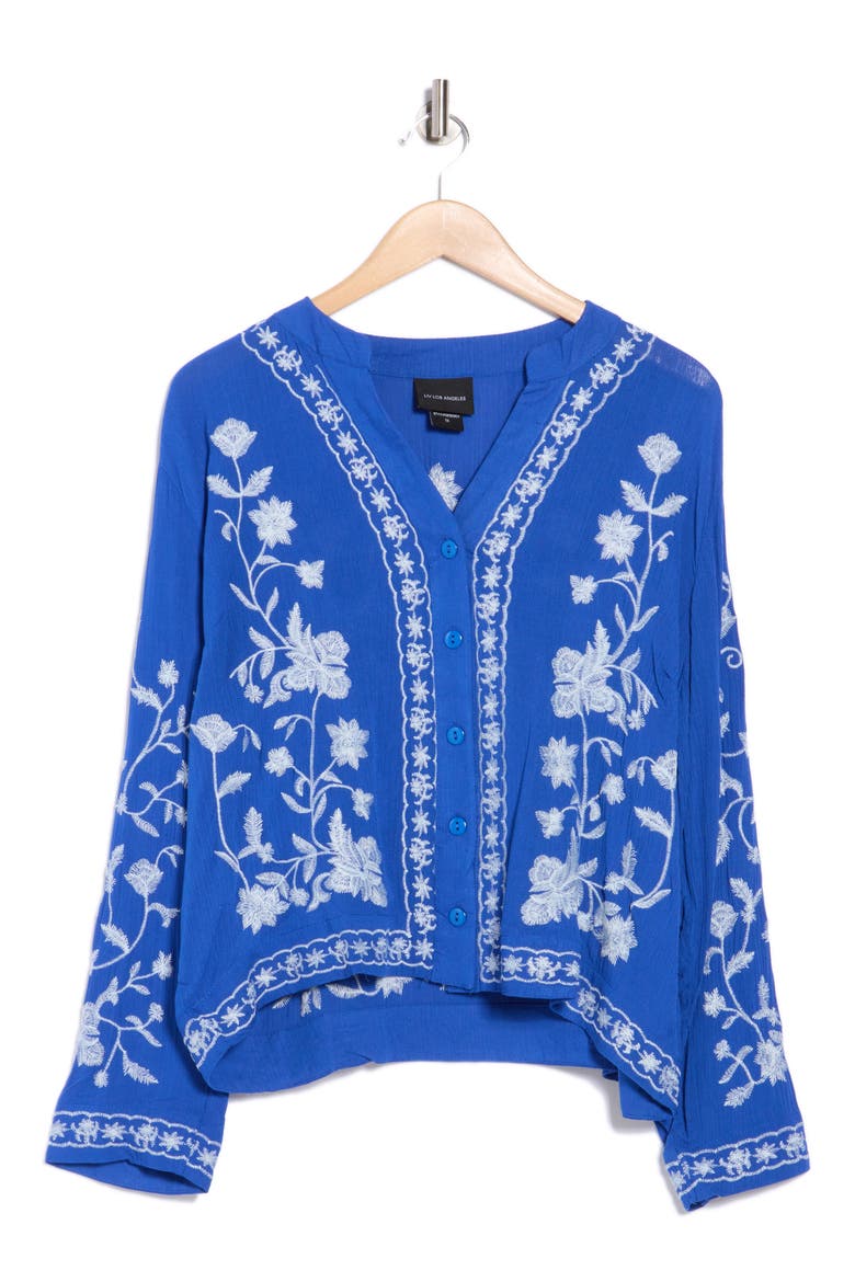Embroidered Long Sleeve Button-Up Shirt, Alternate, color, ROYAL/ WHITE