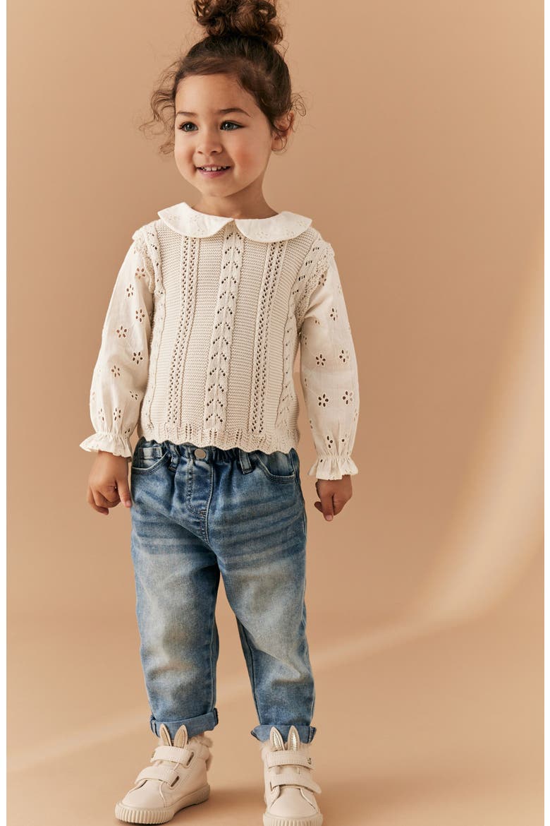 Kids' Mix Media Pointelle & Eyelet Cotton Sweater, Alternate, color, IVORY
