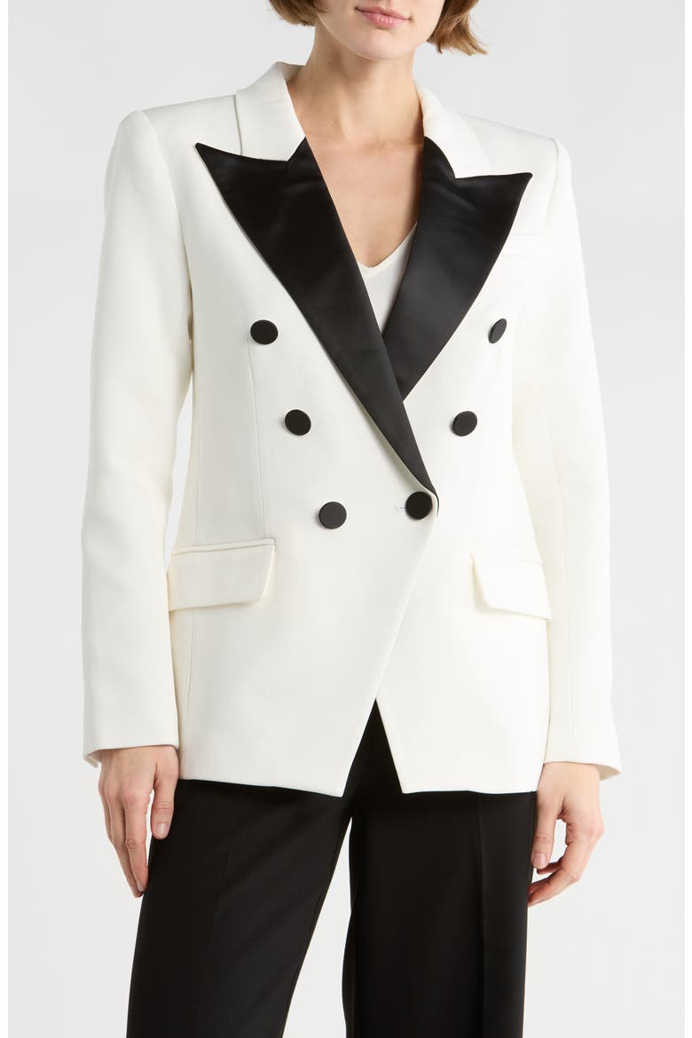 Kendi Long Double Breasted Blazer, Main, color, WHITE/ BLACK