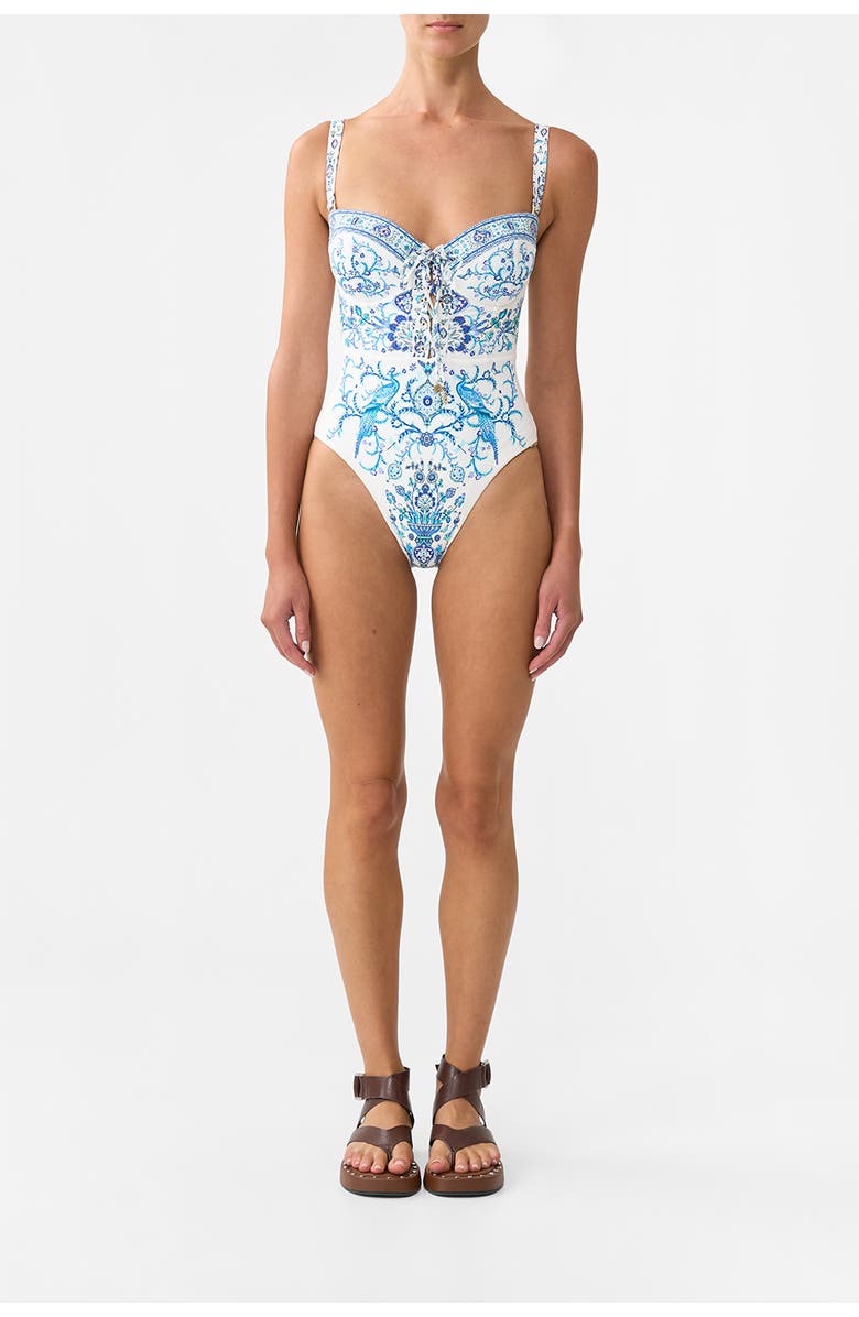 Camilla Lace Up Underwire Moulded Cup One Piece Isnik Lullaby, Main, color, Isnik Lullaby