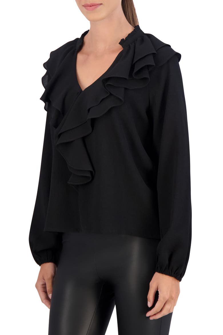 Ruffle Long Sleeve Crepe Top, Alternate, color, BLACK