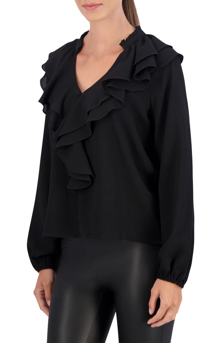 Ookie & Lala Ruffle Long Sleeve Crepe Top, Alternate, color, Black