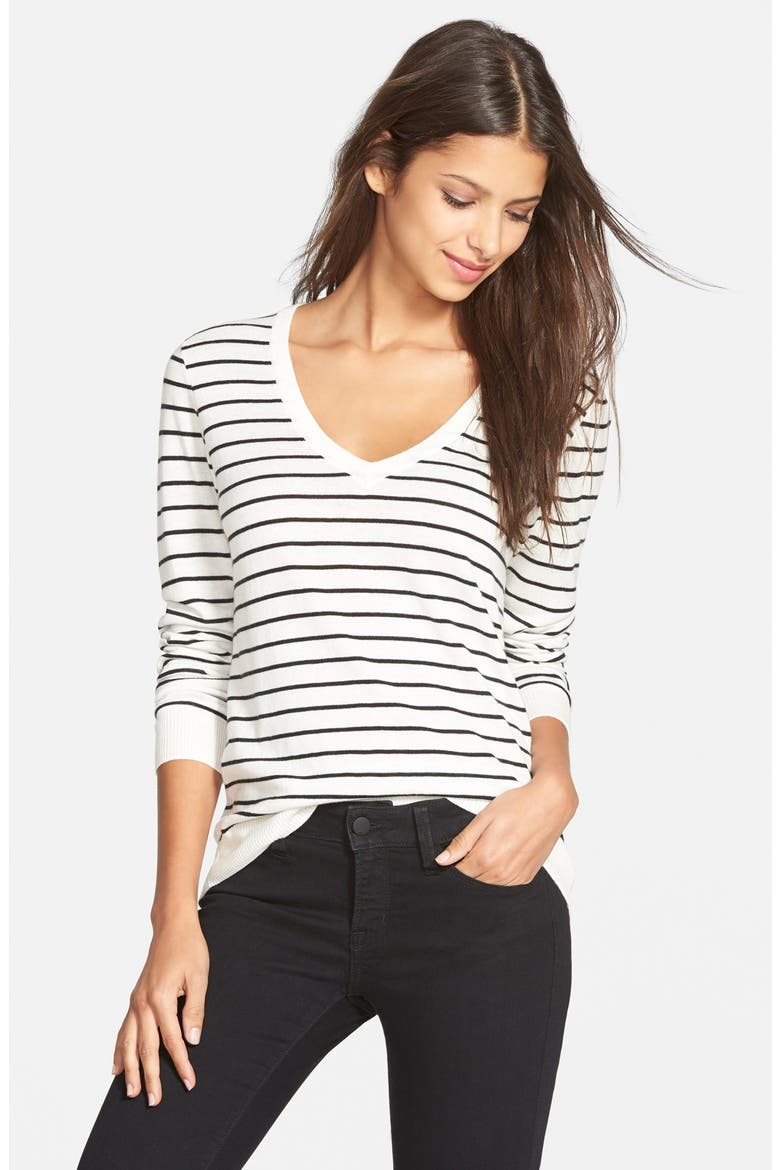 Stripe V-Neck Pullover, Main, color, IVORY EGRET TAWNY STRIPE