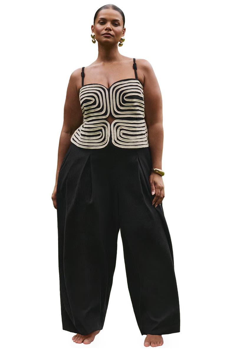 ELOQUII Embroidered Pleated Jumpsuit, Main, color, Black Onyx