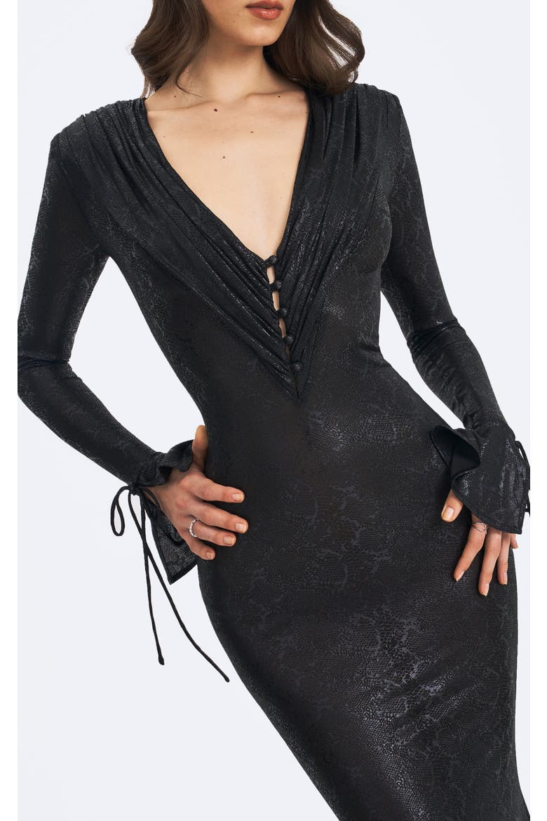 Ilysia V-Neck Plunge Snakeskin Mermaid Hem Maxi Dress, Alternate, color, Black