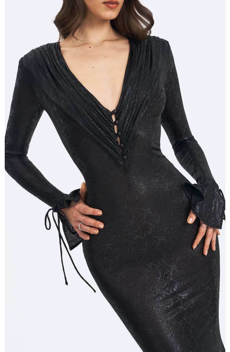 Miss Circle Ilysia V-Neck Plunge Snakeskin Mermaid Hem Maxi Dress, Alternate, color, Black