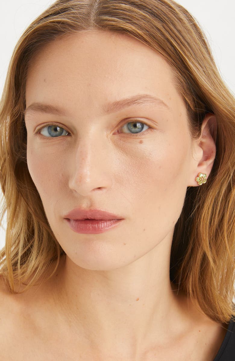 Tory Burch Forget Me Not Enamel Stud Earrings, Alternate, color, Tory Gold / Green