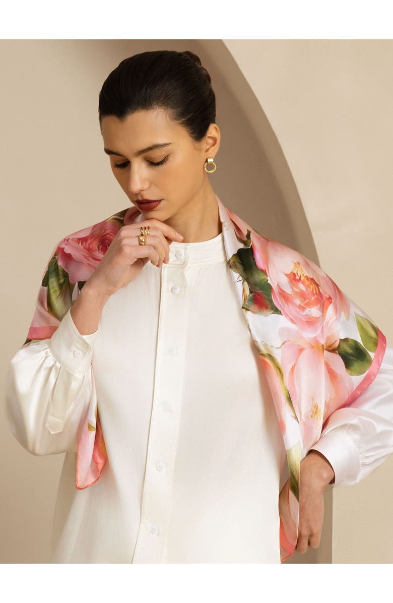 SILKSILKY Pure Silk Pink Floral Print Square Scarf, Alternate, color, Multi
