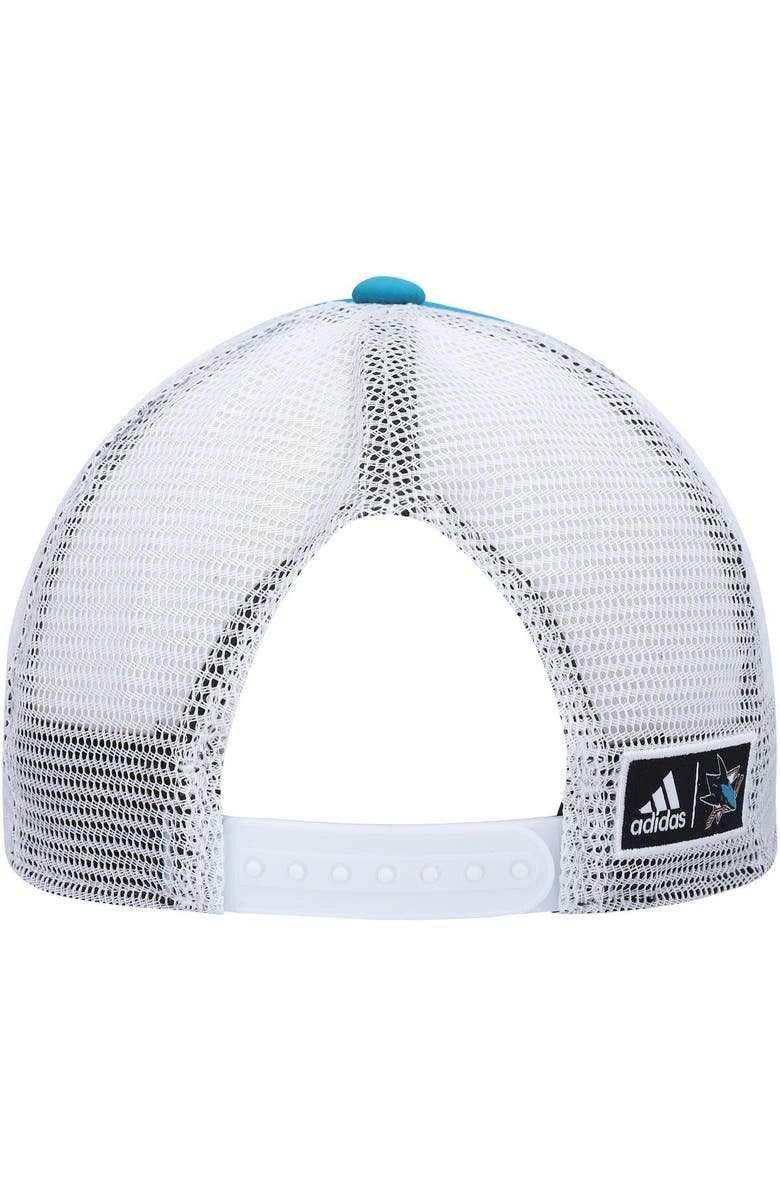 adidas Men's adidas Teal/White San Jose Sharks Team Plate Trucker Snapback Hat, Alternate, color, 