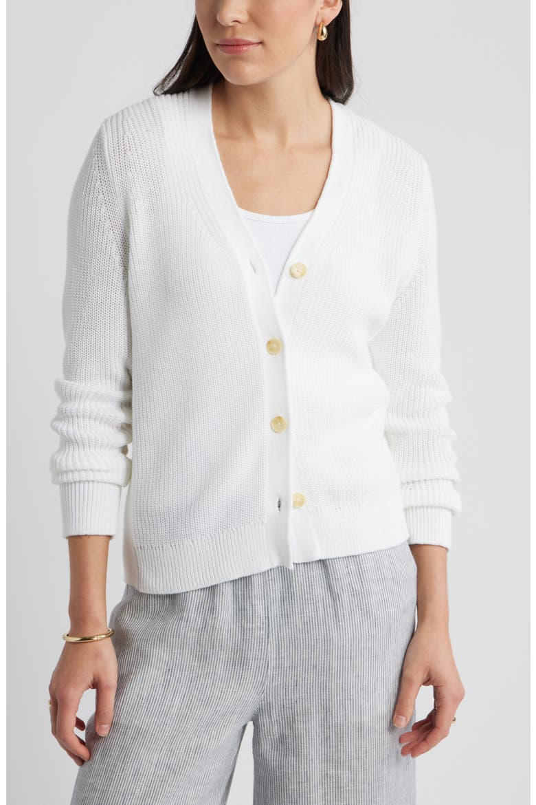 Shaker Stitch V-Neck Pima Cotton Cardigan, Main, color, WHITE