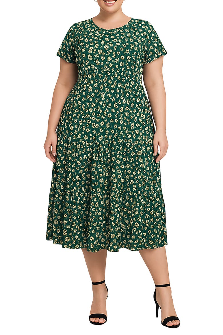 Floral Short Sleeve Midi Dress, Main, color, GREEN DAISY