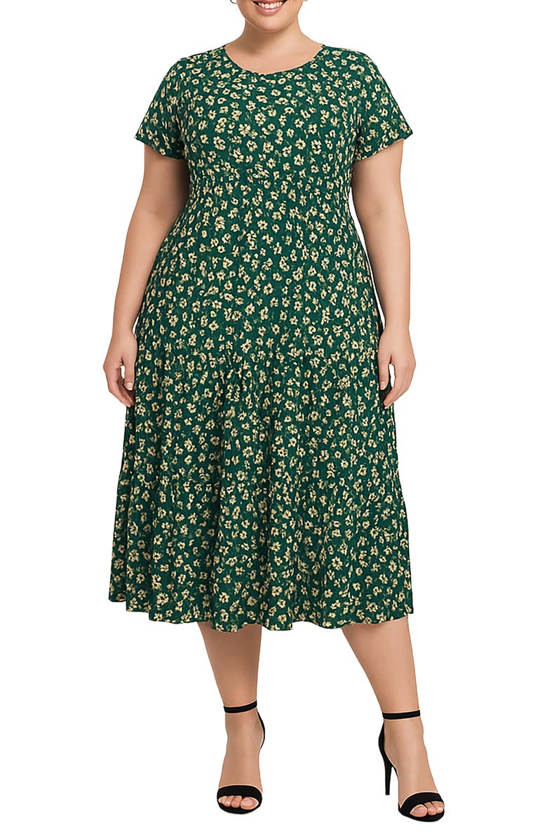 Standards & Practices Floral Short Sleeve Midi Dress, Main, color, Green Daisy