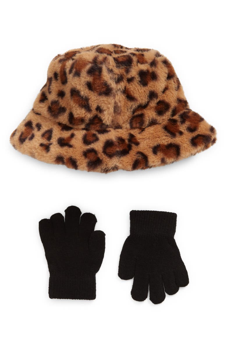 Stephan & Co. Kids' Leopard Print Faux Fur Bucket Hat & Gloves Set, Main, color,