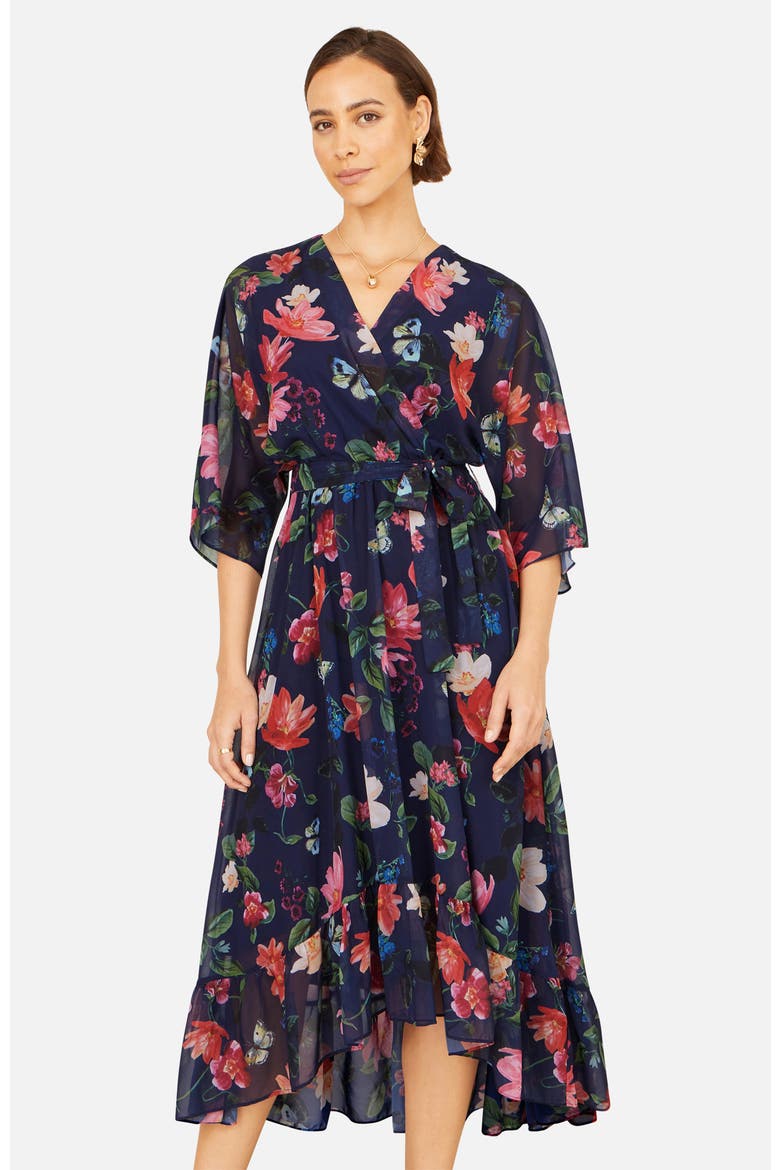 Floral Dip Hem Wrap Midi Dress, Alternate, color, Navy