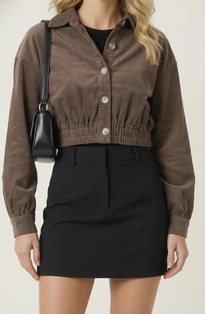 Modenaire Cropped Collared Button-Up Stretch Hem Jacket, Main, color, Brown